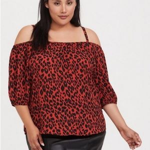 Torrid 4 (4x) brick red and black leopard print Cold-Shoulder blouse top